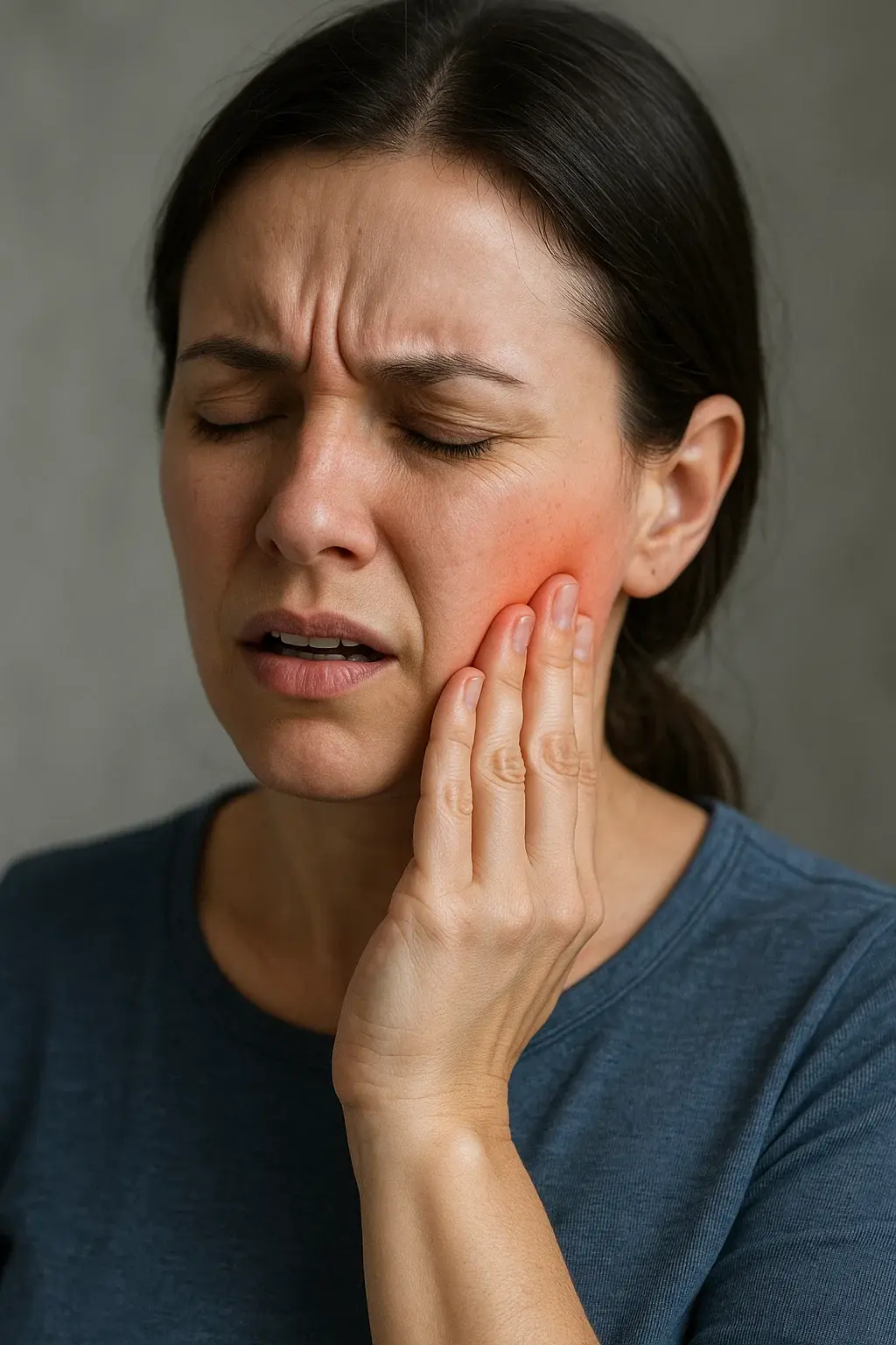 Mujer tocándose la mandíbula con expresión de molestia en la articulación temporomandibular